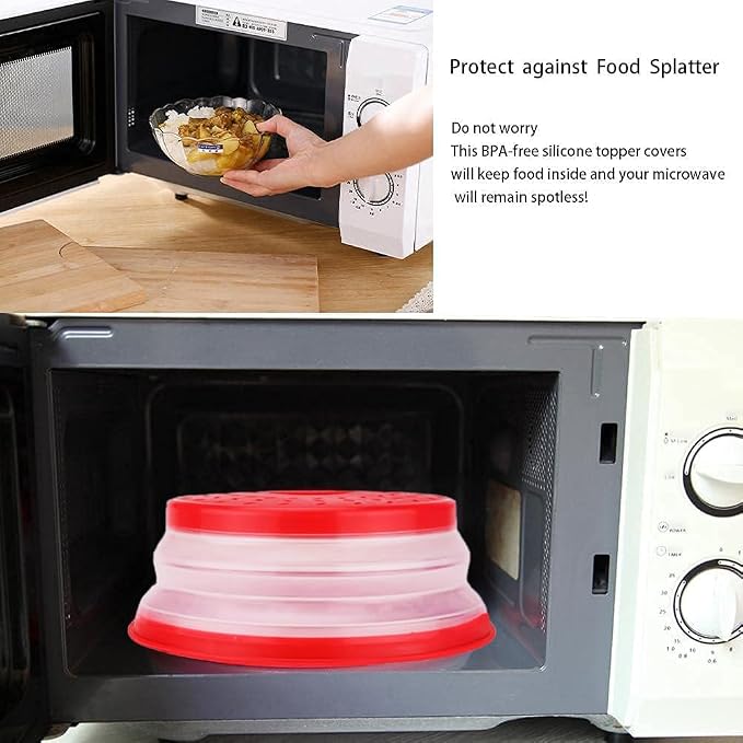 Collapsible Microwave Cover for Food Microwave Splatter Cover Fruit Drainer BPA-Free Dishwasher Safe 10.5 inch, GREY&RED