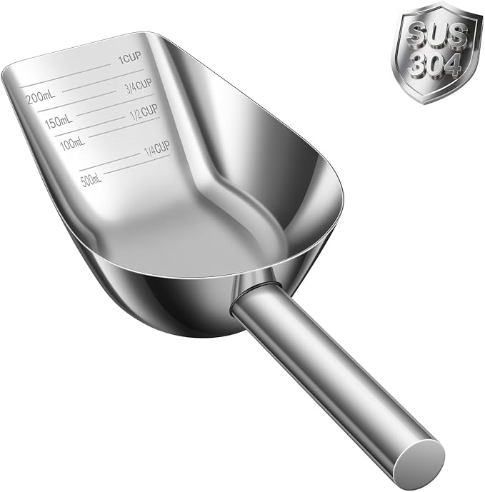 Pet cat-dog food-scoop measuring 1-cup - Food-grade 304 stainless steel material | 1-Cup capacity | Precision scale measurements