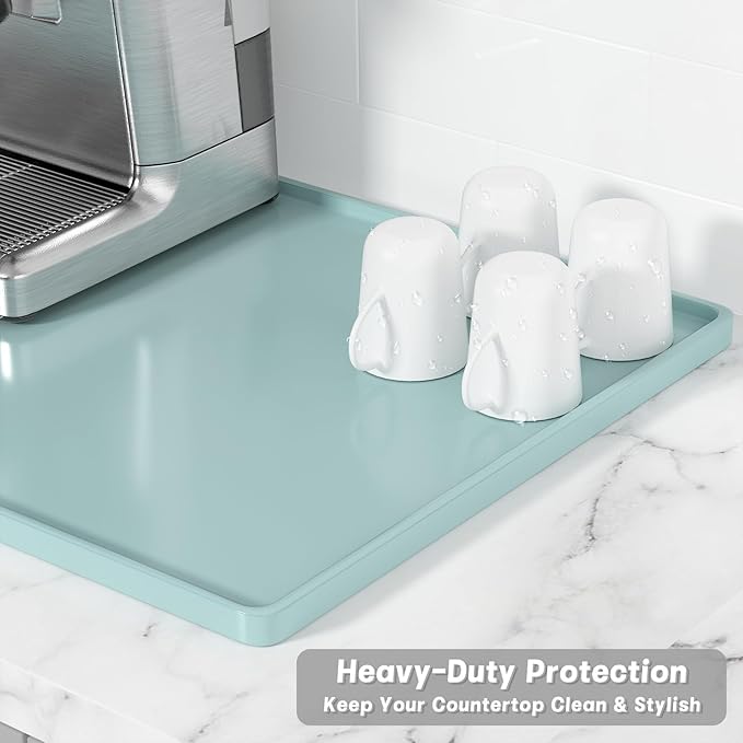 Rnivvi Silicone Coffee Mat, 16" x 24" Waterproof Raised Edge Coffee Bar Mats for Espresso Machine Station Accessories, Heat Resistant Dish Drying Pad for Kitchen Counter, Bar Decor Pad, Shadow Green