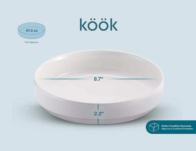 KooK Pasta Bowl, Bowl Plate, Low Bowl, Plate Bowls, Ceramic Large Shallow Bowls, Microwave and Dishwasher Safe, Great for Soups and Salads, Glossy Porcelain, 47 oz, Set of 4, White