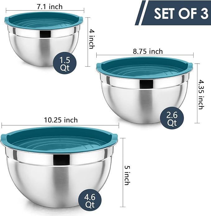 P&P CHEF Stainless Steel Mixing Bowls with Lids, Set of 3, Blue | Nesting Salad Bowl, Sturdy& Rust Proof, Airtight & Stackable, Suit for Mixing, Storing, Prepping, 3 Size - 4.6/3 /1.5 QT