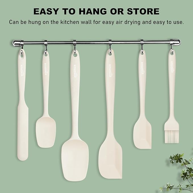 NileHome Silicone Spatula Set, 6 Pieces Food Grade Kitchen Utensils with Silicone Brush Heat Resistant Up to 600°F Dishwasher Safe BPA-Free Rubber Spatula for Scraping, Baking, Cooking, Mixing-Ivory