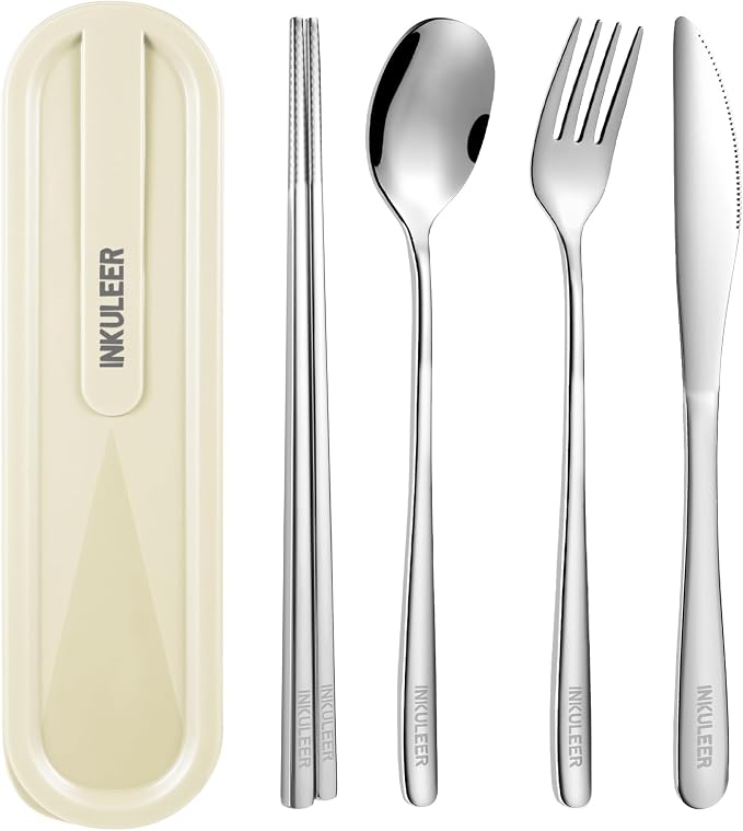 iNKULEER Travel cutlery set, 18/8 stainless steel cutlery, Reusable utensils set with case, Portable Silverware Lunch Box for Camping and Office-Stainless steel