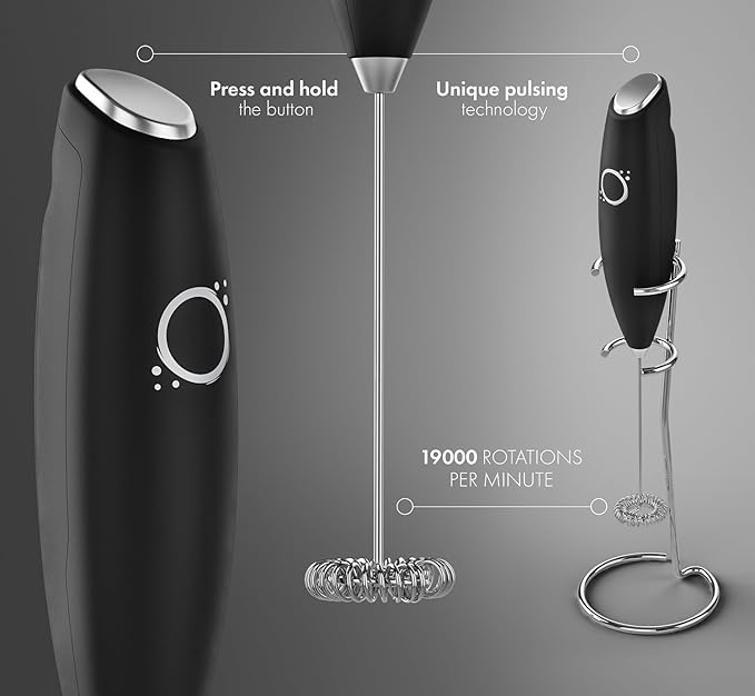 Milk Frother Handheld w Stand, Coffee Mixer Wand Foam Maker, Black | Battery whisk, stainless steel, stand & recipe book, for lattes cappuccino matcha, BPA-free, portable coffee bar accessory