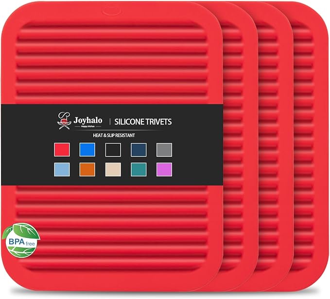 4 Pack Square Silicone Trivets | Hot Pads for Kitchen, Hot Pots and Pans, Hot Dishes, Countertops, Heat Resistance to 480°F, Red