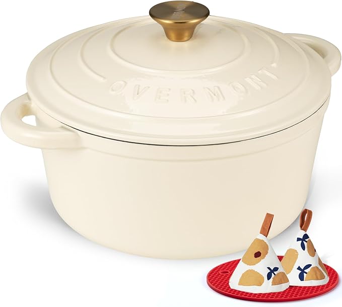 Overmont Enameled Cast Iron Dutch Oven - 7QT Pot with Lid Cookbook & Cotton Potholders - Heavy-Duty Cookware for Braising, Stews, Roasting, Sourdough Baking Cream White
