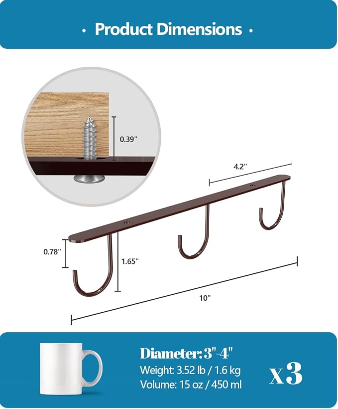 3 Pack Mug Hooks Under Cabinet with 9 Hooks for Displaying Mugs, Brown | Coffee Mug Holder for Hanging Under Shelf, Cup Hanger, Coffee Cups and Kitchen Utensils