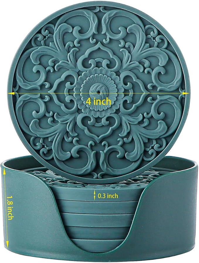 Colinda Silicone Coasters - Set of 6 with Holder, Non-Slip Cup Mats for Hot and Cold Drinks, Decorative Designs, Gift Ready Packaging,Teal