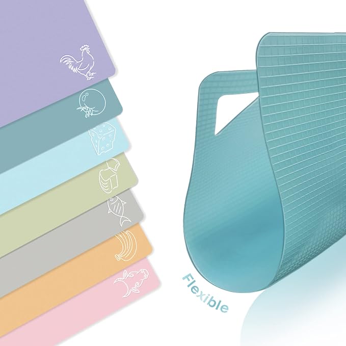 7 Pieces Plastic Flexible Cutting Boards for Kitchen, BPA- Free,15"x12" | Non Slip Cutting Mats with Food Icons, Easy-Grip Handles