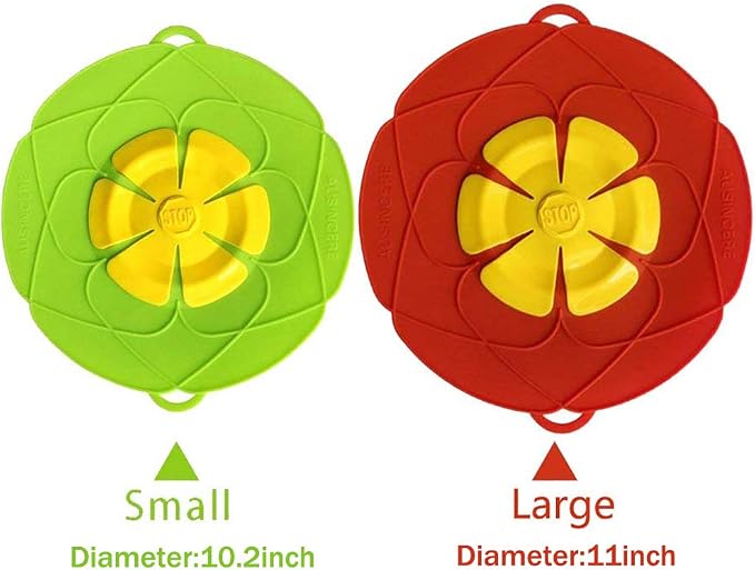 Spill Stopper Lid, Anti Spill & Boil Over Safeguard, Silicone Pot Cover, Multi-Function Kitchen Tool (11"(Red)+10.2“(Green))