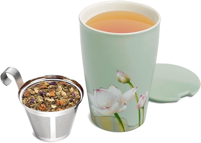 Tea Forte Double-Walled Ceramic Kati Cup, Lotus, 12 oz | Insulated Ceramic - Stainless Steel Loose Leaf Infuser - Keeps Tea Hot Longer - Lid Included - Microwave & Dishwasher Safe