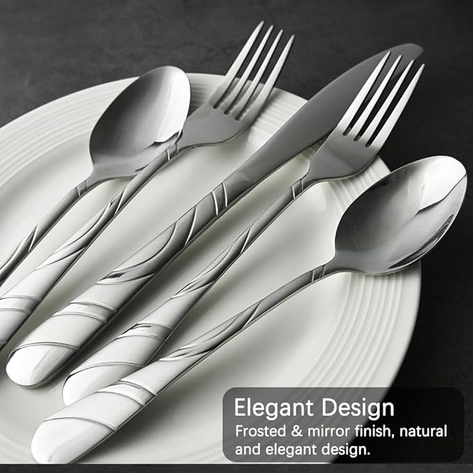 20-Piece Silverware Set for 4, 18/0 Frosted & Mirror Finish Stainless Steel Vintage Flatware Set, Modern Cutlery Set for Home Wedding Restaurant Housewarming Party Event Serving For 4