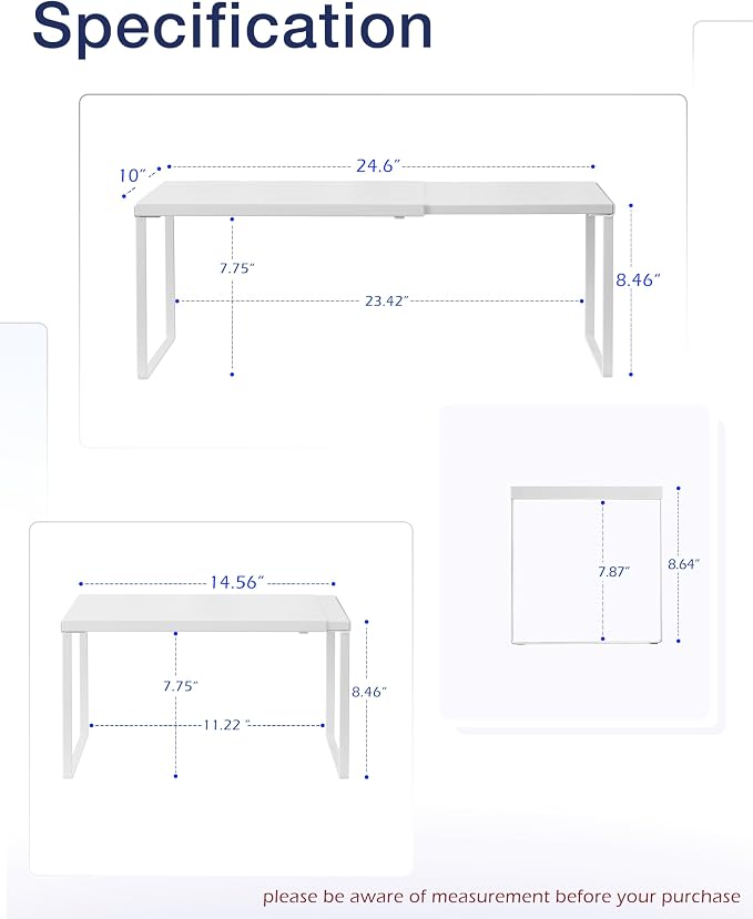 Nxconsu Expandable Cabinet Shelf, Shelf Riser for Cabinets, 10" White | Edgeless Metal Cabinet Riser Holds 50 lb and Expands 14.6 to 24.6 in for Under Sink Kitchen Pantry Cupboard Shelf