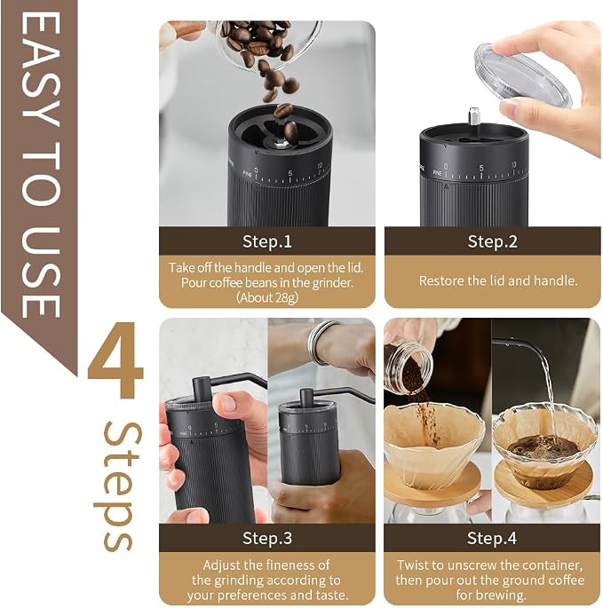 Hand Coffee Grinder Conical Burr for Espresso French Press Pour Over Double Bearing External Adjustment Capacity 25g (Stainless Steel Burr-Black)