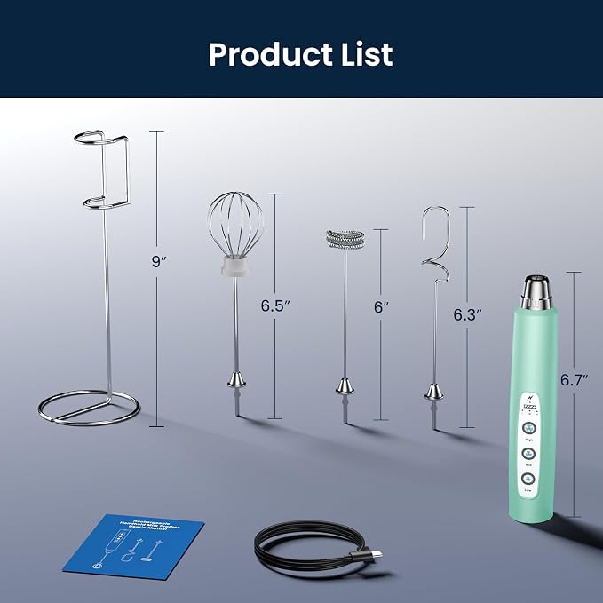 Milk Frother Wand Rechargeable Handheld Electric Whisk 3 Speed Adjustable | Coffee Frother Wand with 3 Stainless Whisks Electric Foam Maker Drink Mixer Blender for Latte Cappuccino Matcha Egg