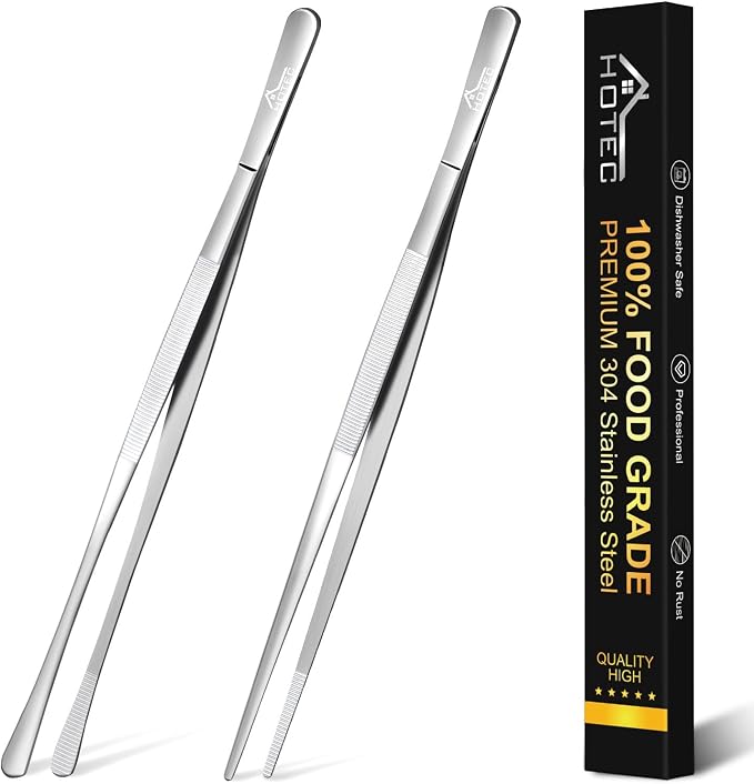 HOTEC Kitchen Tweezers Tongs Stainless Steel Professional Chef Tweezers, Set of 2-12inch Extra-Long Food Tongs for Cooking,Grill and Baking
