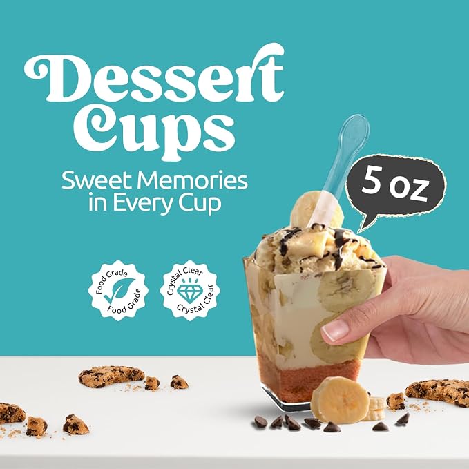 50 Pack 5 oz Dessert Cups with Lids and Spoons, Plastic Parfait | 150 pcs serves 50; disposable clear mini party set for mousse, tiramisu, pudding, appetizer, salad, yogurt, cake, wedding