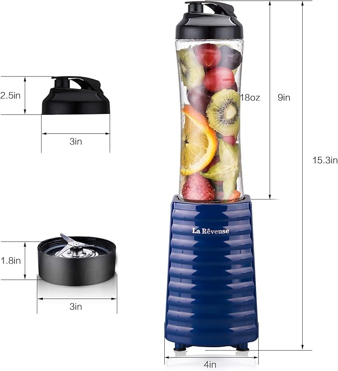 La Reveuse Personal Size Blender for Protein Shakes and Smoothies, Navy | 18oz BPA-free Portable Bottle with Spout Lid, Push to Blend, Suitable for Home, Apartment, Office, Dorm, 300 Watts, LARB1801N