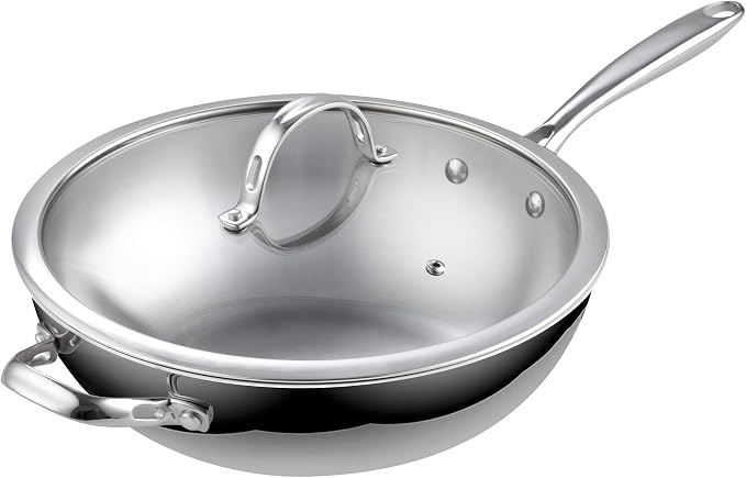 Cooks Standard Multi-Ply Clad 12 Inch Stainless Steel Wok Pan, Stir Fry Pan with Glass Lid, Induction Cookware, Dishwasher & Oven Safe, Compatible with All Cooktops