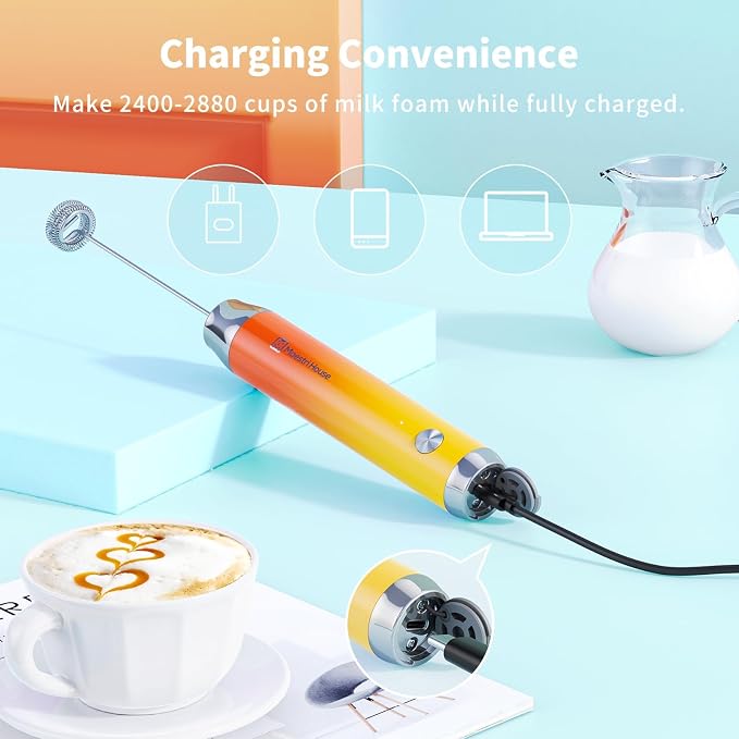 Maestri House LunaFro Rechargeable Milk Frother,Stand & 2 Detachable Whisks | 8000RPM Turbo Motor, 1200mAh lithium battery, Handheld Milk Frother for Lattes, Cappuccino, Matcha & Powdered Supplements