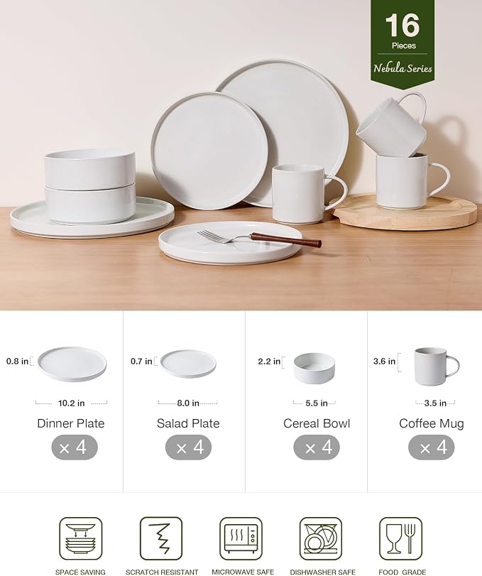 Famiware Nebula 16-Piece Stoneware Dinnerware Set with Mugs, White | Plates and Bowls, Service for 4 - Chip & Scratch Resistant, Microwave & Dishwasher Safe, Essential for Daily Use