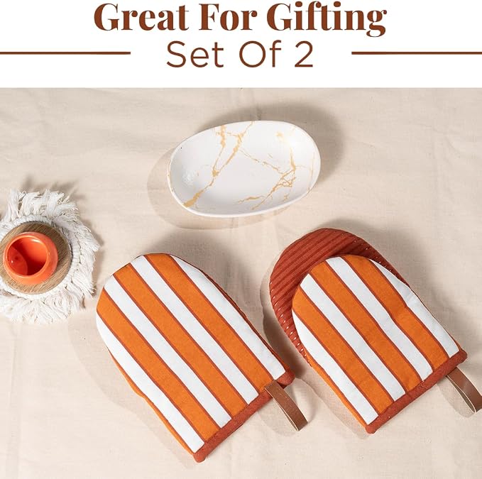 Folkulture Fall Oven Mitts, Striped Rust & White, Set of 2 - (5.75"x9") | 100% Cotton, Non Slip, Silicone, Cute Striped Mini Mits with Hanging Loop, Fall Kitchen Décor, Cooking Gifts, Baking