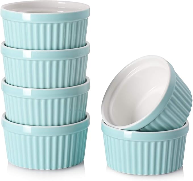 DOWAN 4 oz Ramekins for Creme Brulee, Porcelain Ramekin Oven Safe, Classic Style Ramekins for Baking Souffle Dishes Small Bowls Custard Cup, Set of 6, Blue