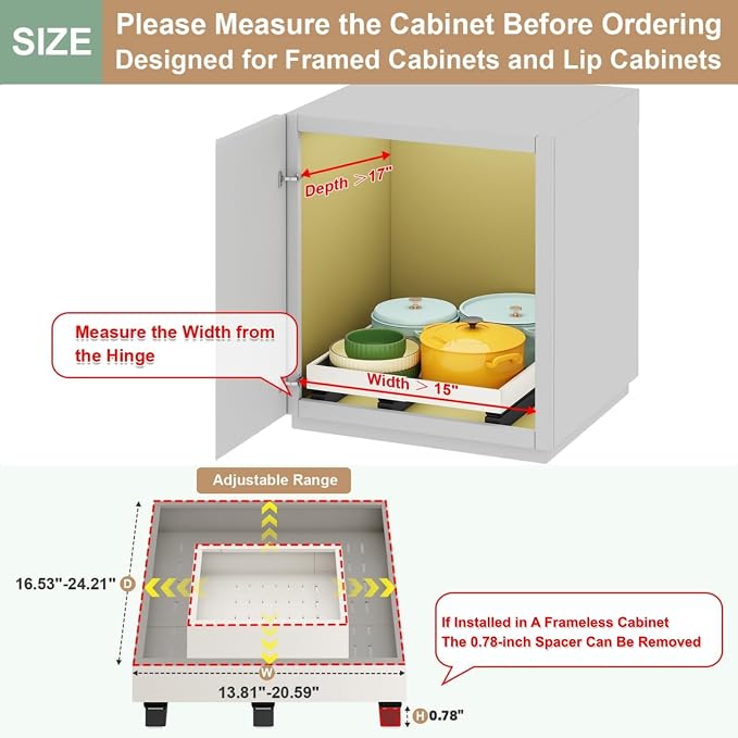 Fokyfok Pull out Cabinet Organizer,15"-21"W,17"-24"D,Expandable,Adhesive | No Drill,3 Rails,Roll out Drawers,Adjustable Slide out Shelves for Kitchen,Pantry,Framed and Framless Cabinets,White,1PC