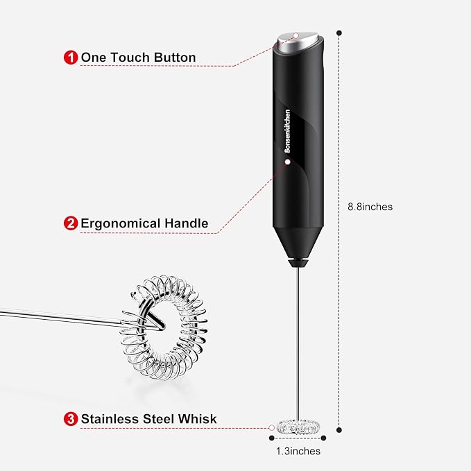 Bonsenkitchen Milk Frother for Coffee, Battery Operated （Not Iincluded) | Fast Handheld Drink Mixer with Stainless Steel Whisk, Powerful Hand Frother, Creates Rich Foam