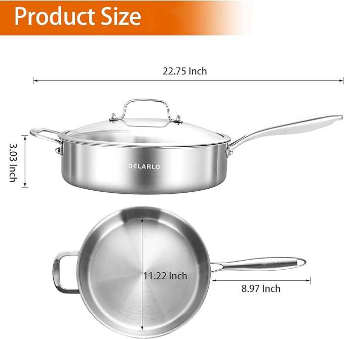 DELARLO Tri-Ply Stainless Steel Frying Pan,12 inch Skillet with Lid,6 Quart Saute Pan,Compatible with All Cooktops,Oven Up to 660℉,Chicken Fryer,Dishwasher-Friendly