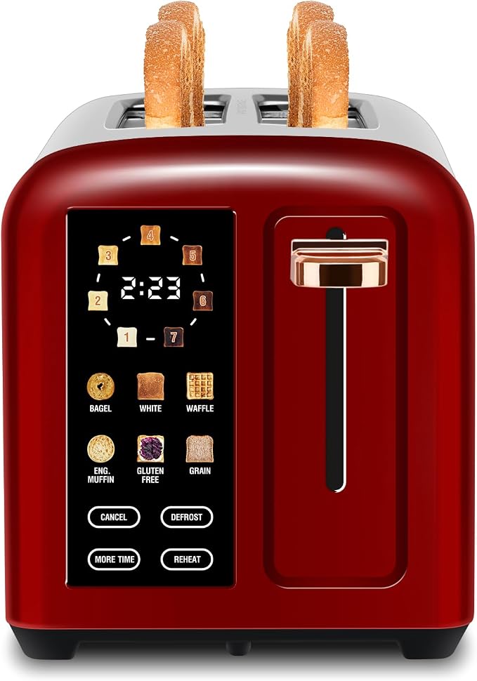 SEEDEEM 2-Slice Touchscreen Toaster, Stainless, 7 Shade, 1350W, Red