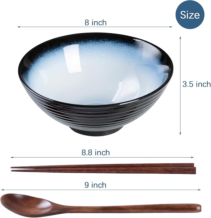 Ceramic Japanese Ramen Bowl Set, 2 Sets Asian Pho Udon Soup Noodle Bowls with Spoons and Chopsticks (Black/Blue, 8 inches)