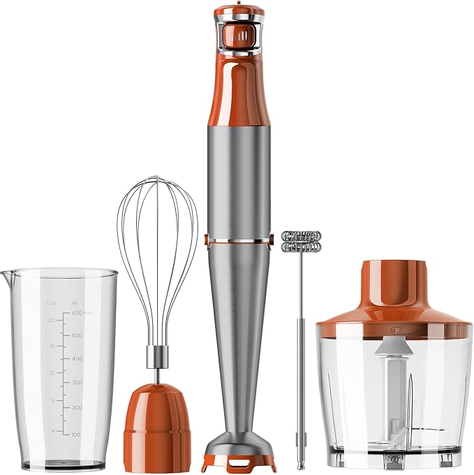 Turelar Immersion Blender Handheld Corded Hand Blenders Set 1100W, Trigger Variable Speed 5 in 1 Stick Emulsifier with Chopper, Whisk and Frother for Soup, Baby Food and Smoothies, Orange