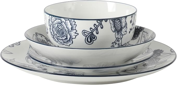 Gibson Home Westerly Court 16-Piece Dinnerware Set, Blue Floral Stoneware Plates & Bowls, Service for 4, Round Durable Everyday Dish Set