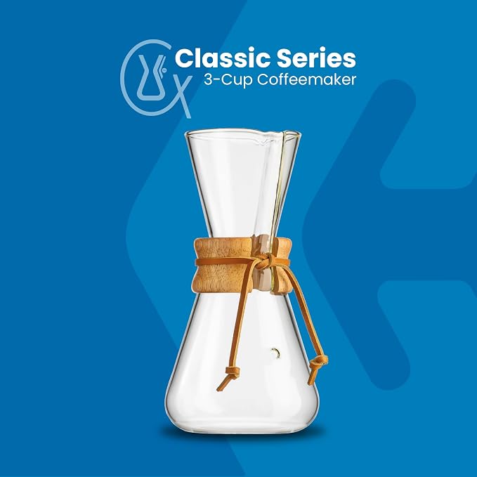 Chemex Pour-Over Glass Coffeemaker - Classic Series - 3-Cup - Exclusive Packaging | Manual Drip Coffee Brewer, Non-Porous Borosilicate Glass, Uses FP-2 Filters, Sediment-Free