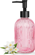 Topsky Stripe Glass Soap Dispenser with Black Plastic Pump, 400ml Liquid Hand Soap Dispenser, Rustproof Pump for Kitchen & Bathroom, Great for Lotions, Essential Oil, Liquid Soaps-Pink