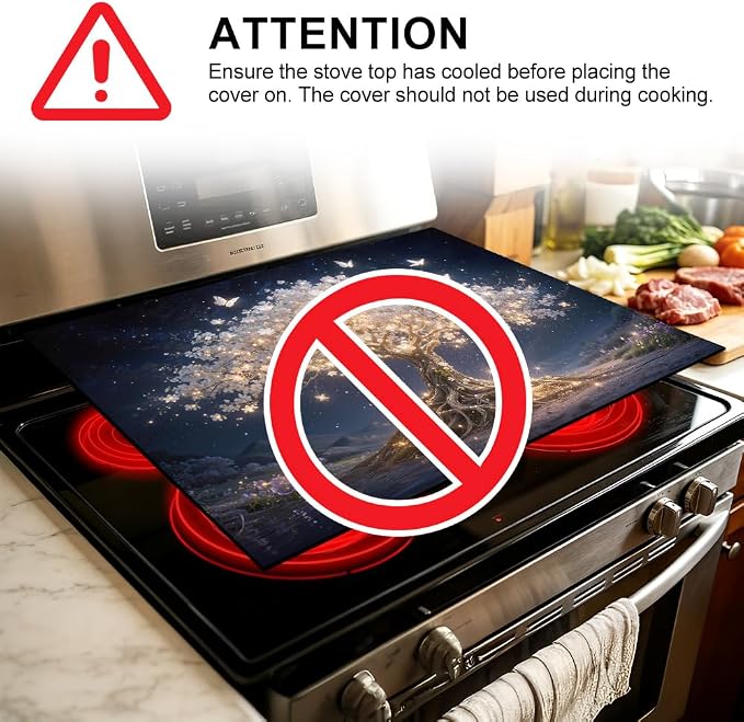 Tree of Life Stove Top Cover for Electric Stove, 28x20 In Mat | Heat-resistant non-slip mat holds hot cookware; glass cooktop protector, dish drying; magical floral butterfly kitchen decor