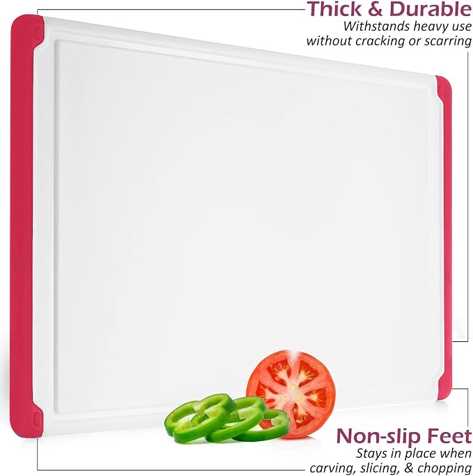 Extra Large Plastic Cutting Board for Kitchen - Red 18-Inch Dishwasher Safe Chopping Board, Reversible Cutting Board with Juice Groove + Non Slip Feet for Meat, Fruit, Vegetables by Belwares