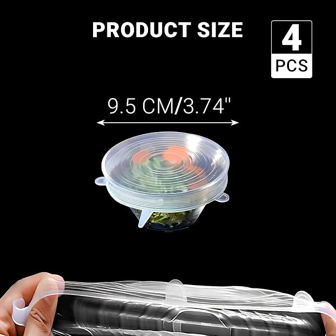 4 Pack 3.7in Reusable Silicone Stretch Lids, Silicone Bowl Covers for Food Storage, Universal Stretchable Lids for Containers Produce, Elastic Expandable Seal Cover, Microwave Freezer Safe