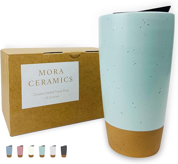 Mora Double Wall Ceramic Coffee Travel Mug with Lid, 14 oz, Portable, Microwave, Dishwasher Safe, Insulated Reusable Tall Cup, Splash Resistant Lid - To Go Tumbler for Car Cup Holder, Seafoam