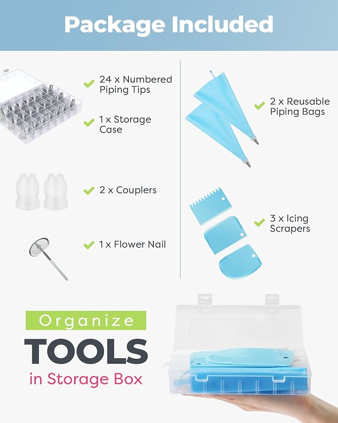 Kootek 32 Piping Bags and Tips Set Frosting Piping Kit for Beginners & Pros | Storage Case, Baking Supplies Tools, 24 Icing Tips, 2 Reusable Piping Bags, 3 Scrapers, for Cupcake Cookie Cake Decorating