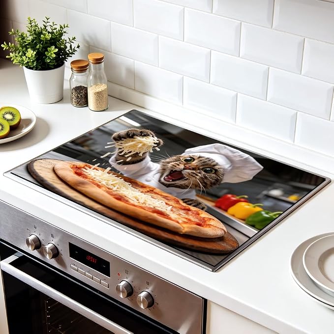 Funny Cat Pizza Stove Top Cover for Electric Stove, 28x20 In Mat | Heat-resistant non-slip mat holds hot cookware; glass cooktop protector, dish drying; kitten cheese cat lover kitchen decor