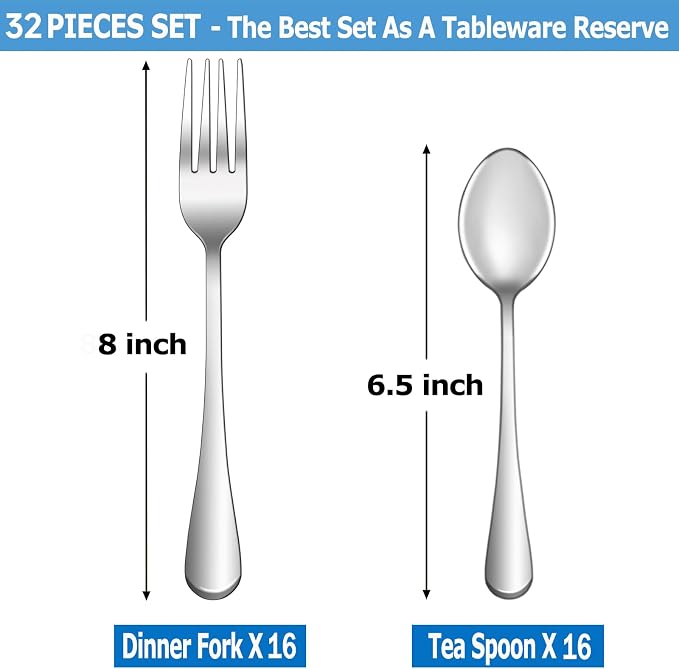 32 Pcs Forks and Spoons Silverware Set,Food Grade Stainless Steel Flatware Cutlery Set for Home,Kitchen and Restaurant,Mirror Polished,Dishwasher Safe-16 Dinner Fork(8 inch) and 16 Teaspoon(6.5 inch)