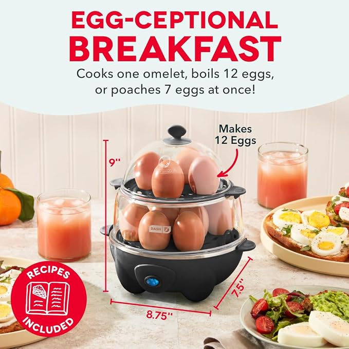 Dash Deluxe Egg Cooker, 12 Hard Boiled Eggs, Black | Electric Double Decker Egg Poacher, Steamer & Omelette Maker Machine, Soft or Poached Eggs, Auto Shut-Off, BPA-Free
