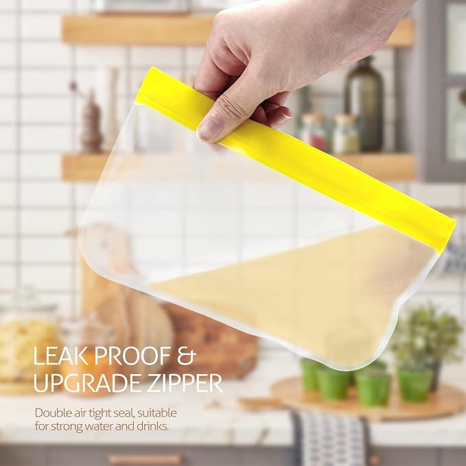 10 Pack Reusable Gallon Freezer Bags, Yellow | Dishwasher Safe Silicone Food Snack Storage Bags with 3 Sizes for Snack, Sandwich, Lunch