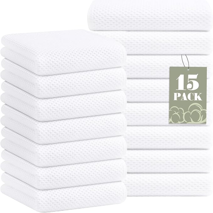 Homaxy 100% Cotton Waffle Weave Kitchen Towels, 15-Pack, White | Ultra Soft Absorbent Dish Towels, Quick Drying Cleaning Towels, 13 x 28 Inches