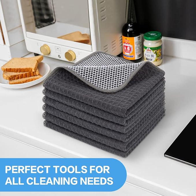 Dish Cloths for Washing Dishes with Scrub Side, Microfiber Dish Rags | Dual-sided microfiber dish cloths with scrubber for stuck-on food, quick dry kitchen washcloths 6 Pack, 12 Inch Grag-B