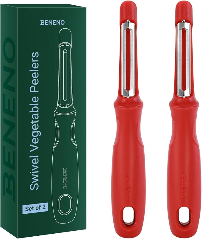 Beneno Swivel Vegetable Peeler, Smooth Peeling Potato Peeler (2, Red) | Razor-Sharp Stainless Steel Blade, Ergonomic Non-Slip Grip, Built-In Potato Eye Remover, Durable Design for Fruits & Veggies