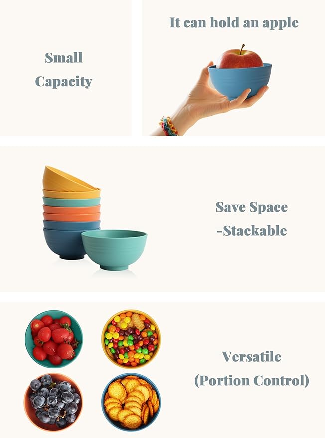 Wheat Straw Small Bowls, Unbreakable Dessert Bowls 8 PCS, 10 OZ Small Plastic Bowl for Kitchen, Microwave & Dishwasher Safe Mini Bowl for Snack, Ice Cream, Yogurt,Portion Control(Multi)