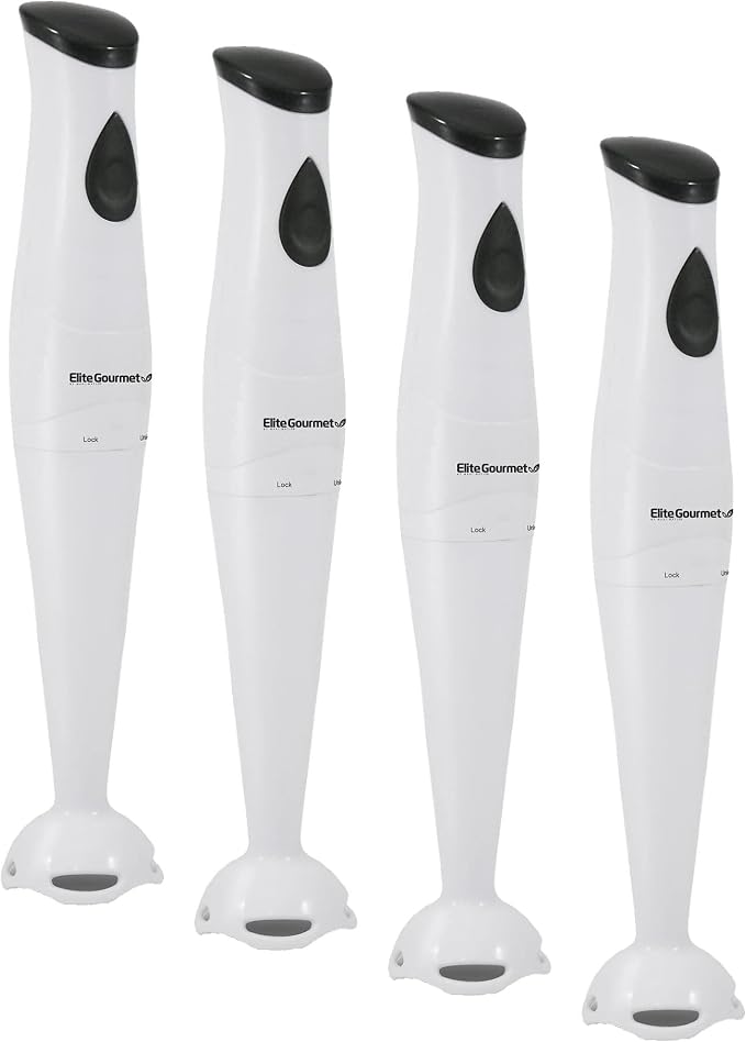 Elite Gourmet EHB-2425X Electric Immersion Hand Blender, Mixer, Chopper, 1-Touch Control Multi Purpose Electric Immersion Stick, Mixer, Chopper, 150 Watts, For Soups, Sauces, Baby Food, White